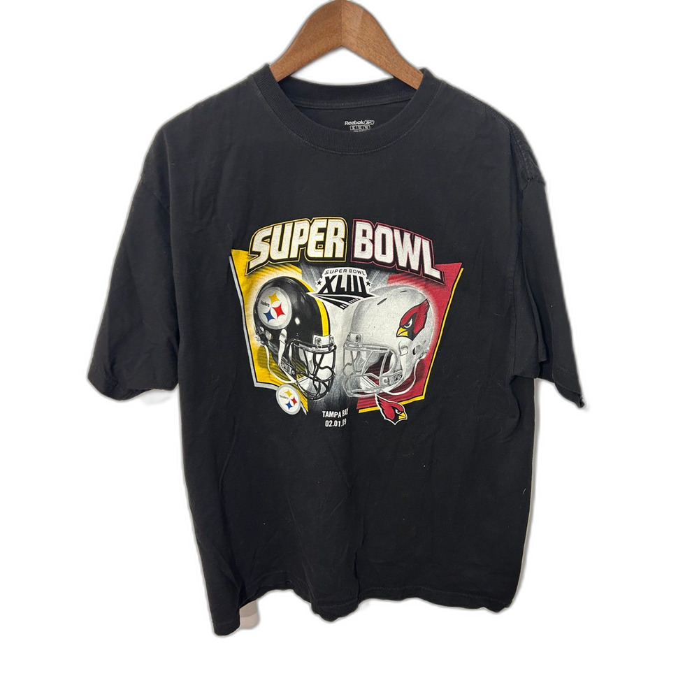 Super Bowl XLIII Steelers vs Cardinals T Shirt XL Reebok Black NFL Graphic Tee